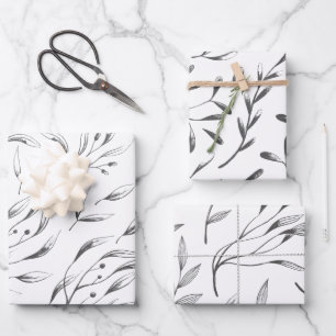 Gray en White Botanical Wrapping Paper Set