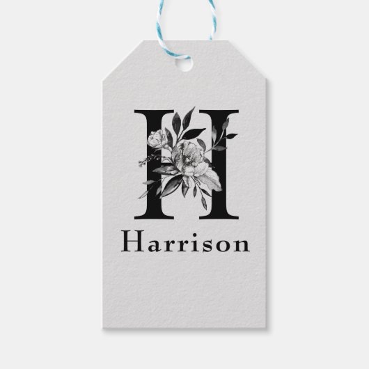 Gray en zwart Floral Monogram Letter H Aangepast Cadeaulabel (Voorkant)