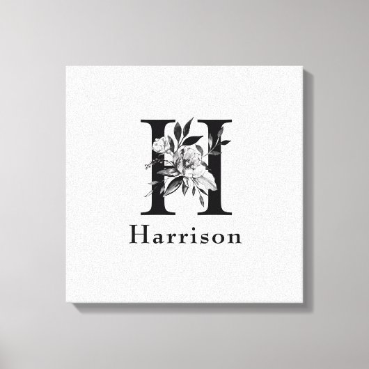 Gray en zwart Floral Monogram Letter H Aangepast Canvas Afdruk (Voorkant)