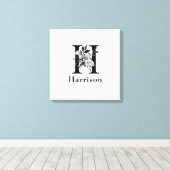 Gray en zwart Floral Monogram Letter H Aangepast Canvas Afdruk (Insitu (Houten vloer))