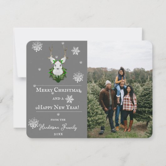 Gray Festive Reindeer Holiday Fotokaart Feestdagenkaart (Voorkant)