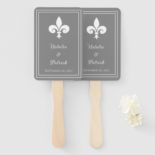 Gray Fleur de Lis Wedding Hand Fans Handwaaier (Voorkant en achterkant)