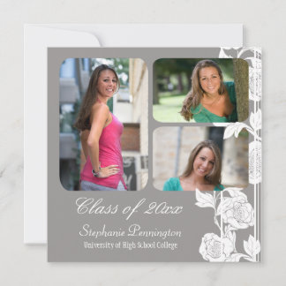 Gray floral 3 Fotograduatie party aankondiging