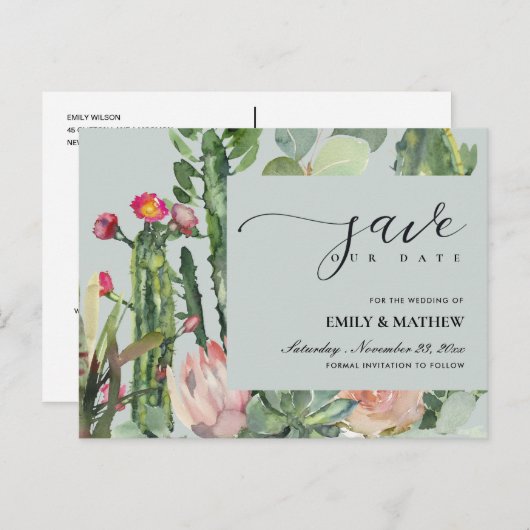 GRAY FLORAL DESERT CACTI FOLIAGE BEWAREN DE DATUM AANKONDIGINGSKAART (Voorkant / Achterkant)