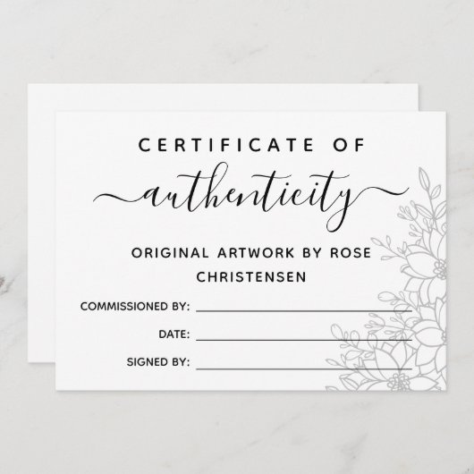 Gray Floral Groter certificaat van echtheid (Voorkant / Achterkant)