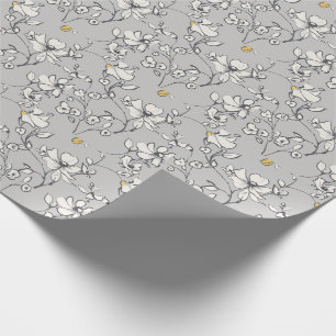 Gray Floral Lineart Waterverf Cadeaupapier