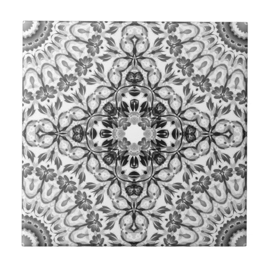 Gray Floral Mandala Geometric Tegeltje (Voorkant)