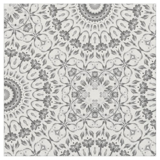Gray Floral Mandala Pattern Fabric Stof (Close Up)