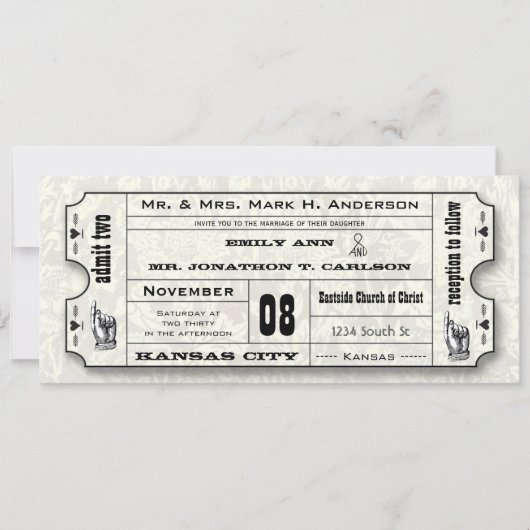 Gray Floral Modern Typography Ticket Wedding Kaart (Voorkant)