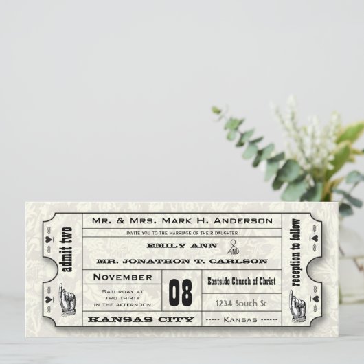 Gray Floral Modern Typography Ticket Wedding Kaart (Staand voorkant)
