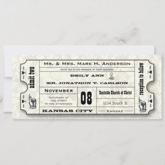 Gray Floral Modern Typography Ticket Wedding Kaart (Voorkant)