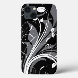 Gray Floral Pattern op Black iPhone 13 Hoesje