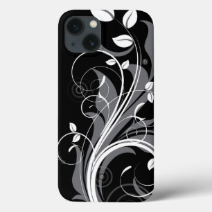 Gray Floral Pattern op Black iPhone 13 Hoesje