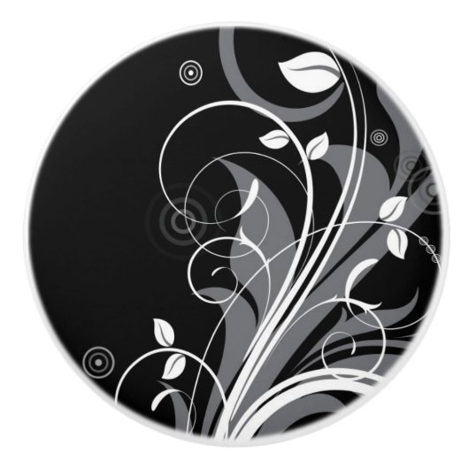 Gray Floral Pattern op Black Keramische Knop (Voorkant)