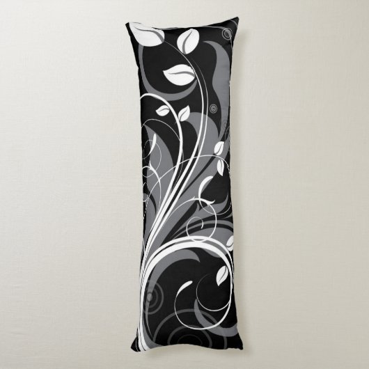 Gray Floral Pattern op Black Lichaamskussen (Achterkant (Verticaal))