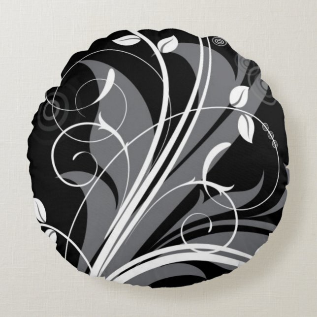 Gray Floral Pattern op Black Rond Kussen (Voorkant)