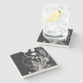Gray Floral Pattern op Black Stenen Onderzetter (Zijkant)