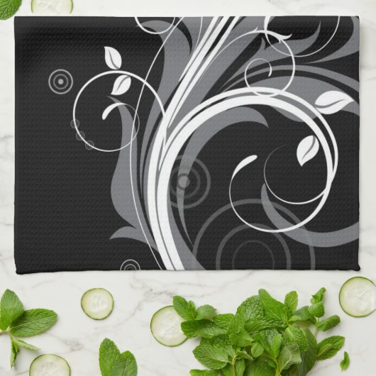 Gray Floral Pattern op Black Theedoek (Gevouwen)