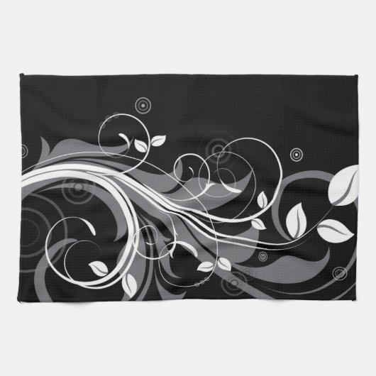 Gray Floral Pattern op Black Theedoek (Horizontaal)