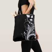 Gray Floral Pattern op Black Tote Bag (Dichtbij)