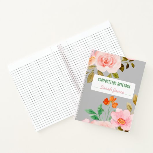 Gray Floral Personalized Composition Journal Notitieboek (Binnen)