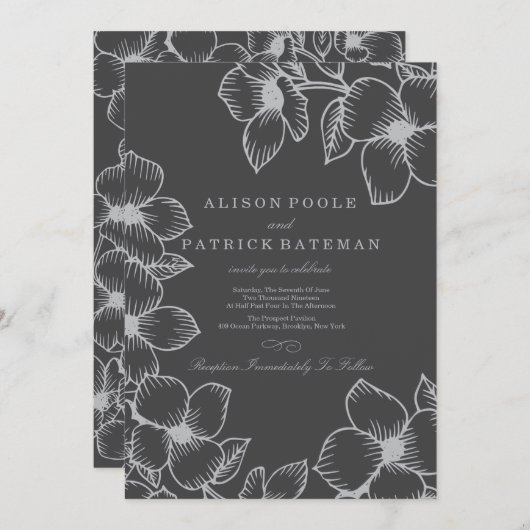 Gray Floral Wedding Invitations Kaart (Voorkant / Achterkant)