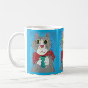 Gray Folk Art Cat met koffie Cozy Cute Koffiemok