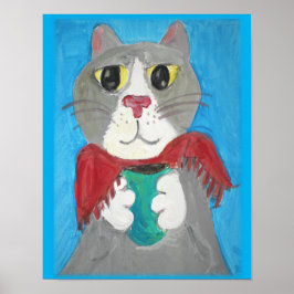 Gray Folk Art Cat met koffie schilderen Poster