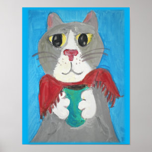 Gray Folk Art Cat met koffie schilderen Poster