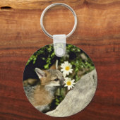 Gray Fox young kit sniffing/eetbloem Sleutelhanger (Voorkant)