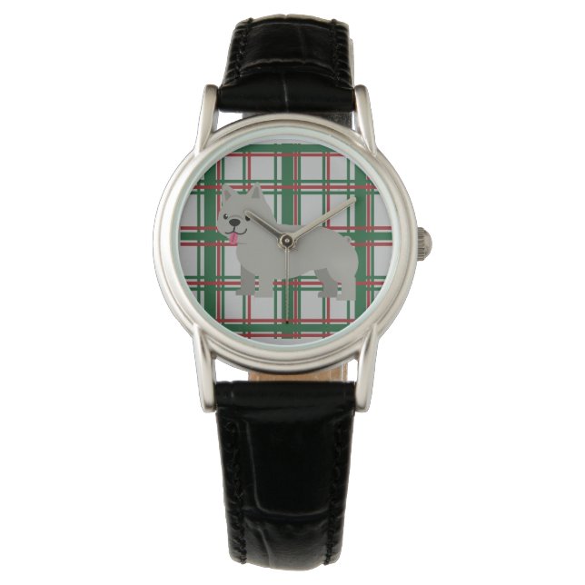 Gray French Bulldog, Christmas Plaid Horloge (Voorkant)