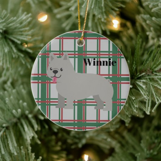 Gray French Bulldog, Christmas Plaid Keramisch Ornament (Boom)
