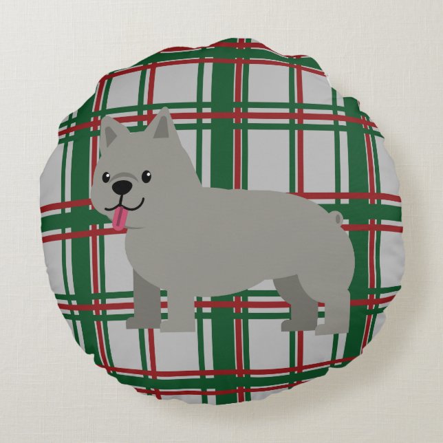 Gray French Bulldog, Christmas Plaid Rond Kussen (Achterkant)