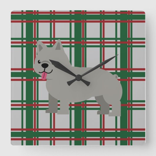 Gray French Bulldog, Christmas Plaid Vierkante Klok (Voorkant)