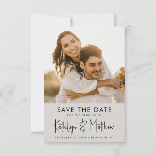 Gray Fun Script Modern Photo Minimalist Weddenscha Save The Date (Voorkant)