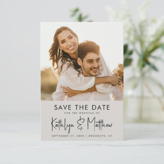 Gray Fun Script Modern Photo Minimalist Weddenscha Save The Date (Staand voorkant)