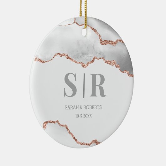 Gray Geode Agate Couples Monogramed Kerstmis Keramisch Ornament (Rechts)