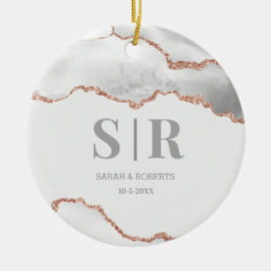 Gray Geode Agate Couples Monogramed Kerstmis Keramisch Ornament
