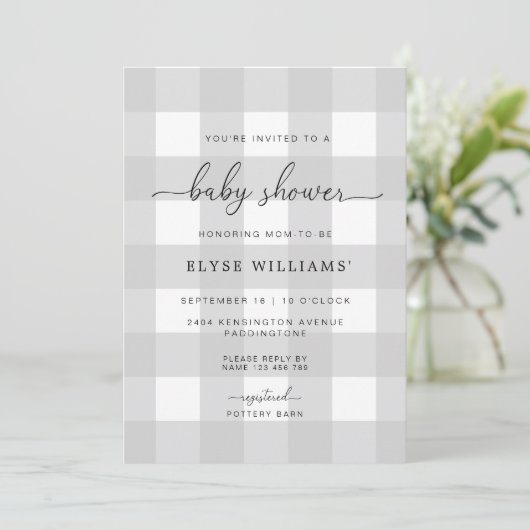 Gray Gingham Baby shower Uitnodiging (Staand voorkant)