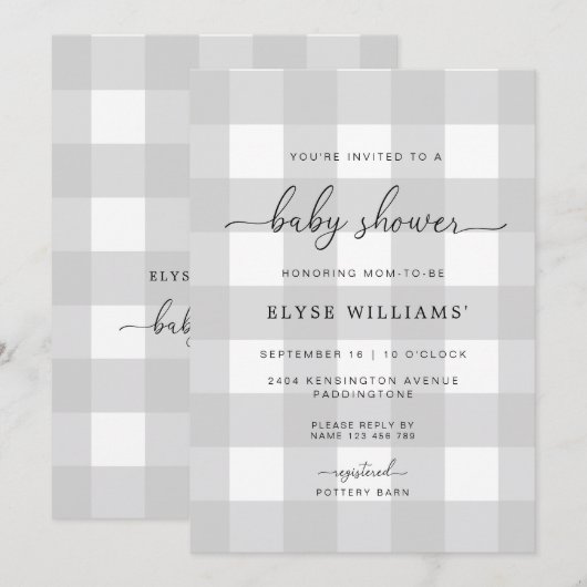 Gray Gingham Baby shower Uitnodiging (Voorkant / Achterkant)