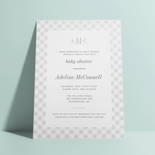 Gray Gingham Traditional Baby shower Invitation Kaart
