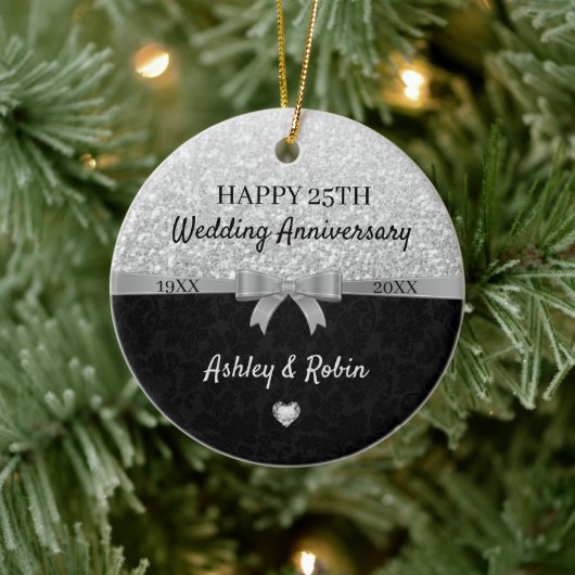 Gray Glitter And Black Damask Keramisch Ornament (Boom)