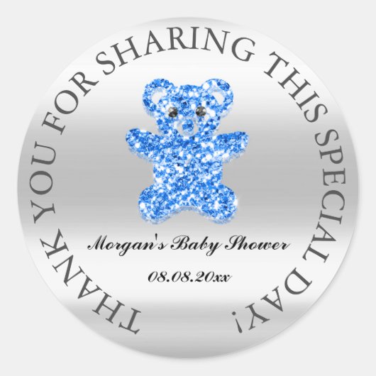 Gray Glitter Baby shower Favor Hartelijk dank Blau Ronde Sticker (Voorkant)