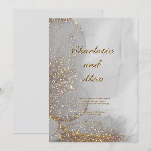 Gray Glitter Chic Alcohol Ink Wedding Invitation Kaart (Voorkant / Achterkant)