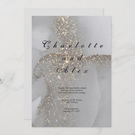 Gray Glitter Elegant  Ink Wedding Invitation Kaart (Voorkant / Achterkant)