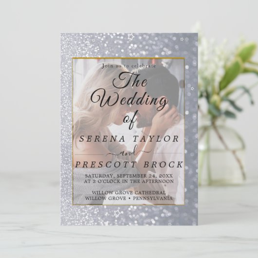 Gray Glitter Elegant Vellum Wedding Invitation Kaart (Staand voorkant)