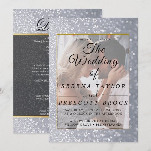 Gray Glitter Elegant Vellum Wedding Invitation Kaart (Voorkant / Achterkant)