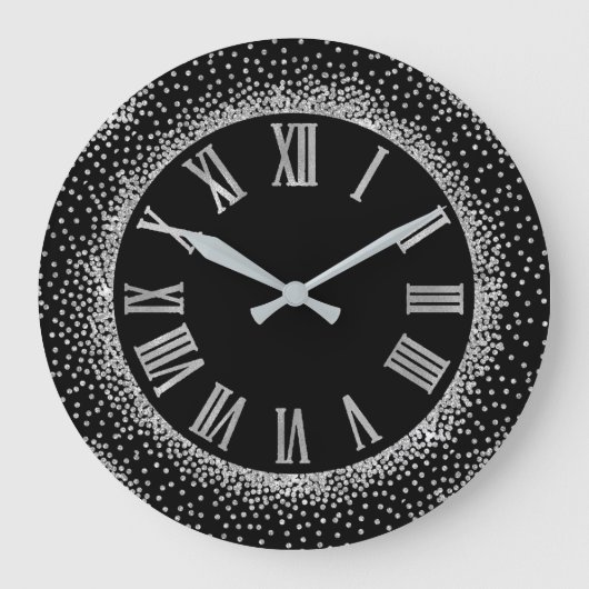 Gray Glitter Silver Roman Number Elegant Black Grote Klok (Voorkant)
