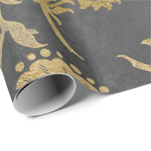Gray Gold Big Flowers Cottage Damask Graphite Cadeaupapier