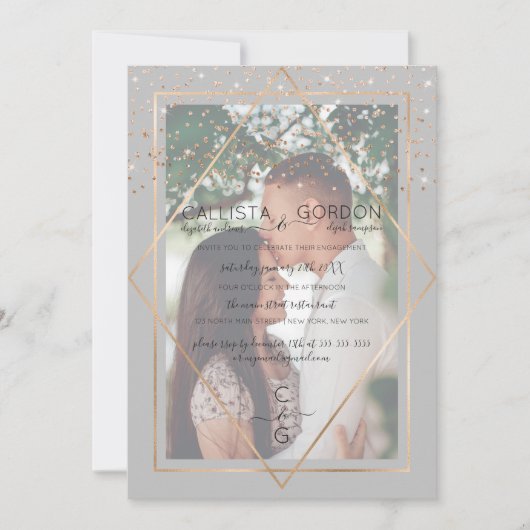 Gray Gold Confetti Border Foto Verloving Kaart (Voorkant)